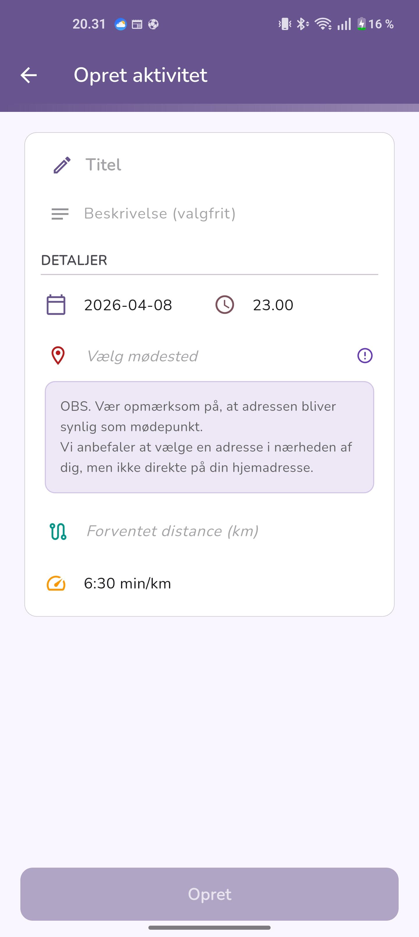 Create activity screen